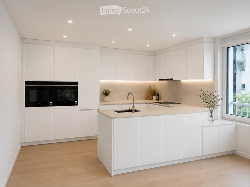 Modern kitchen with white cabinets, a central island, built-in ovens, and a sleek countertop. Features a sink with a modern faucet, small potted plants, and a bottle on the counter.