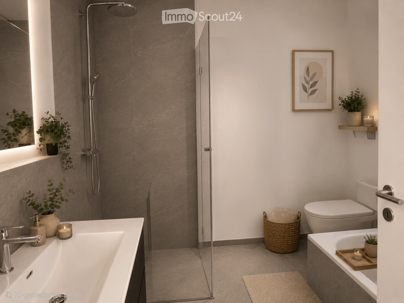 Modern bathroom with a bathtub, shower, toilet, and decorative elements including a framed picture, potted plants, and candles.