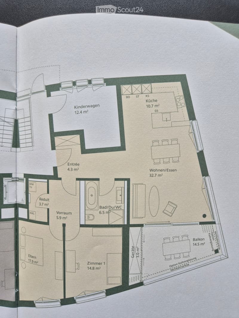Floor plan showing a multi-room layout including a kitchen, living/dining area, bedroom, bathroom, hallway, and balcony.