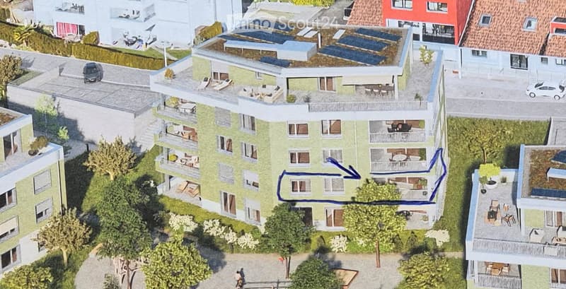 A multi-story residential building with green facade, multiple balconies, rooftop terraces, and surrounding greenery.
