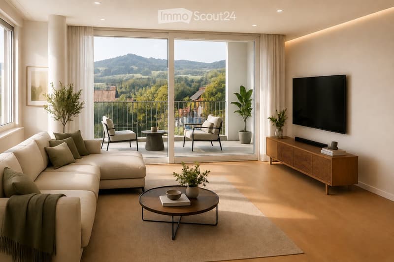 Modern living room with large windows offering a scenic view, a sectional sofa, coffee table, armchairs, TV, and potted plants.