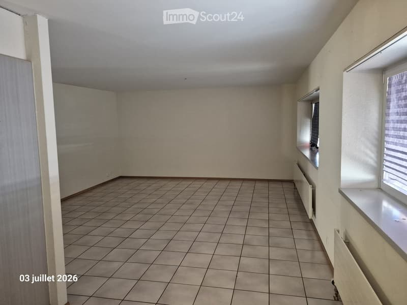 Empty room with tiled floor and white walls, featuring two windows with blinds and radiators beneath them.