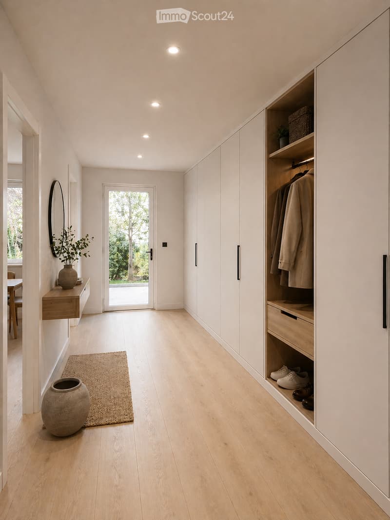 Modern hallway with light wooden flooring, white walls, built-in closet with hanging space and shoe storage, small wooden console table with vase, and a large mirror on the wall.