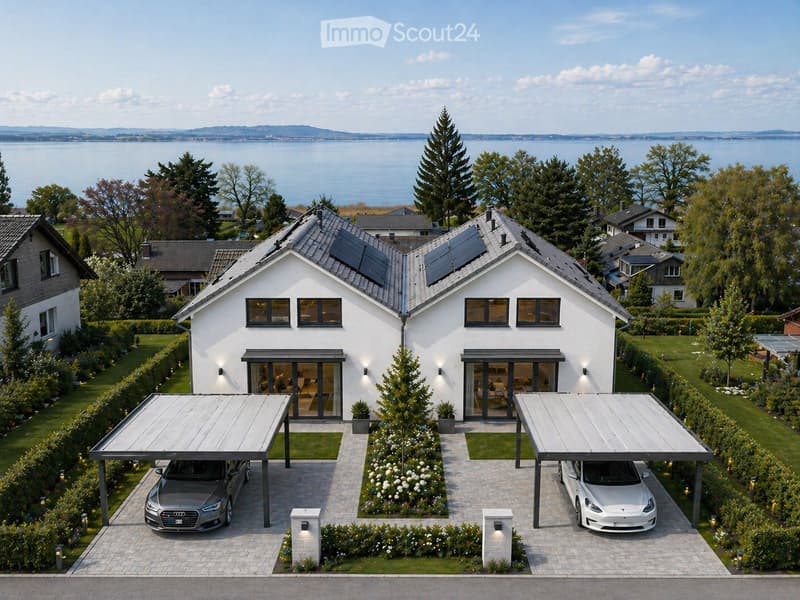 Modern two-story house with white exterior, large windows, solar panels on the roof, and a landscaped garden with a view of a lake.