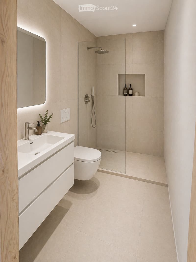 Modern bathroom with beige tiles, a white sink with a chrome faucet, a toilet, a glass-enclosed shower with a handheld showerhead, and a built-in shelf holding toiletries.