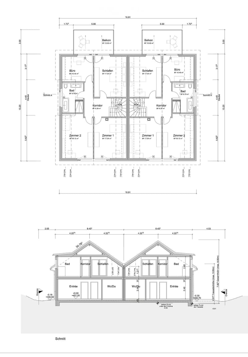 Floor plan of a multi-level residential building with two apartments, each featuring bedrooms, bathrooms, offices, and balconies. The ground floor includes an entrance, bathrooms, and corridors.