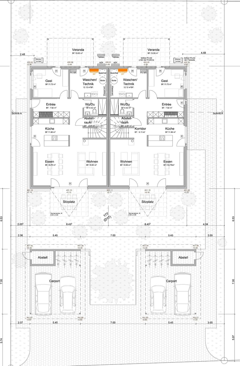 Floor plan of a multi-level building with labeled rooms including living areas, kitchens, bathrooms, entrances, technical rooms, and carports.