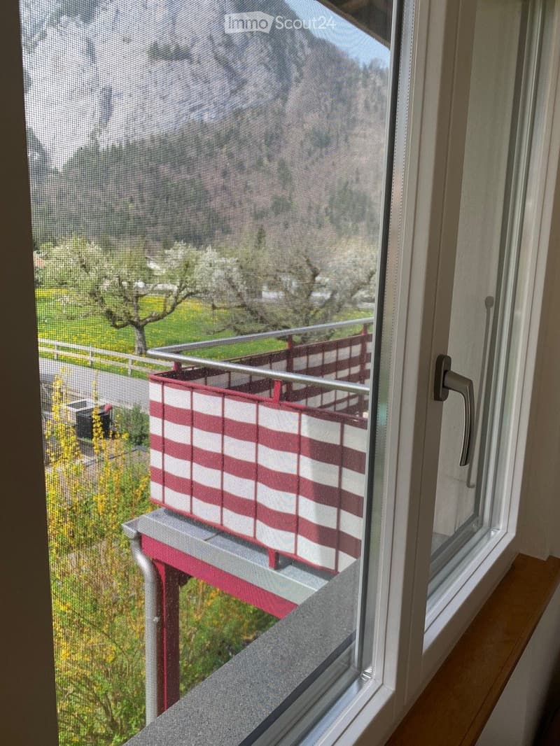 View from a window showing a balcony with red and white striped railing, overlooking a green landscape with trees and a road.