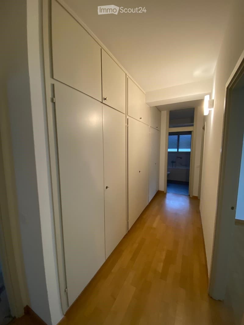 A narrow hallway with light wooden flooring and white built-in storage units on one side. The hallway leads to a room with a visible window and a glimpse of a bathroom area.