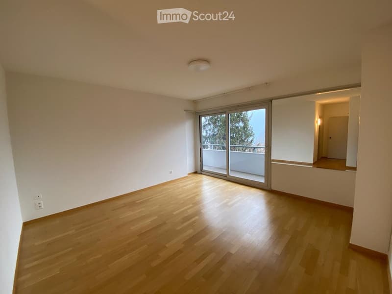 Empty room with light wooden flooring, white walls, and large sliding glass doors leading to a balcony.