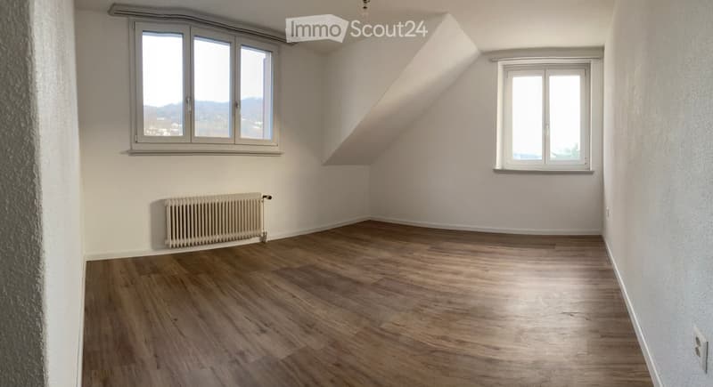 Empty attic room with wooden flooring, white walls, and two windows offering a view of the landscape.
