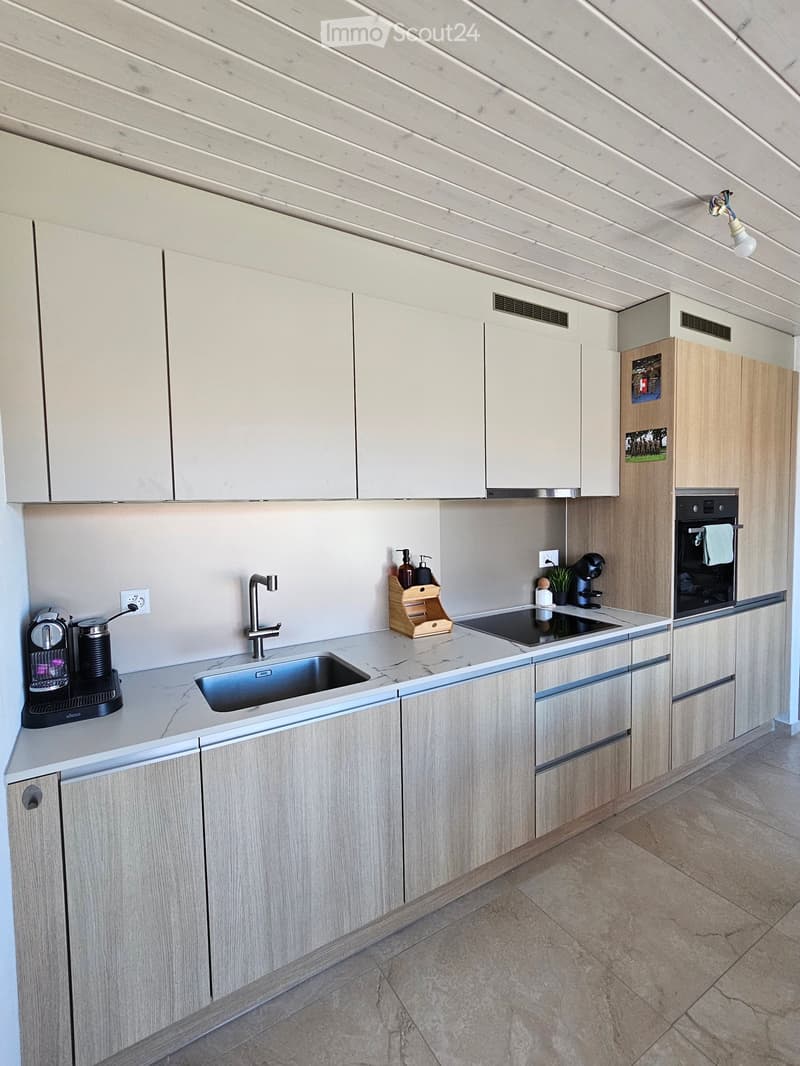 Modern kitchen with light wood cabinets, marble countertop, stainless steel sink, and built-in oven. Includes coffee maker, wooden cutting board, and small potted plant.
