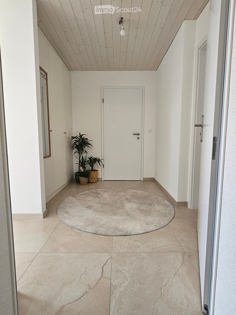 A modern hallway with light-colored walls, a white door, and a potted plant on the left side.
