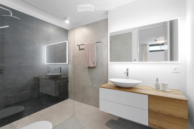 Modern bathroom with a glass-enclosed shower, a floating vanity with a wooden countertop, a white sink, and a built-in mirrored cabinet. The shower features a dark grey tile wall and a modern showerhead.