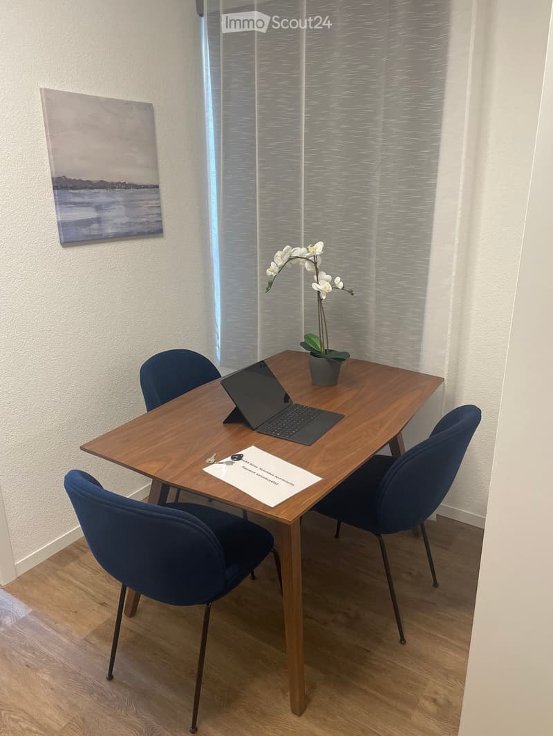 A modern, furnished room with a wooden table, laptop, three blue chairs, a flower pot, and a painting on the wall.