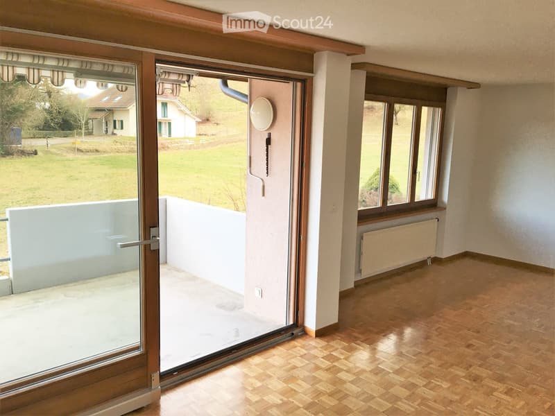 Empty room with wooden flooring, large sliding glass door leading to a balcony, radiator, and visible outdoor view.