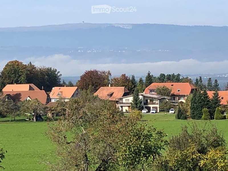 Residential houses with red-tiled roofs, surrounded by green fields and trees, with a scenic mountain backdrop.