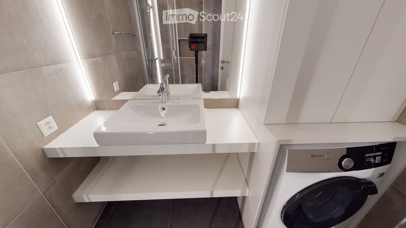 Modern bathroom with a white sink, chrome faucet, large mirror, and a private washing machine below the sink.