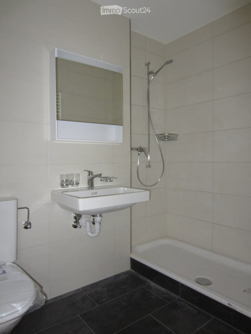 Modern bathroom with white tiles, a white sink, a mirror, a toilet, a bathtub, and a showerhead.
