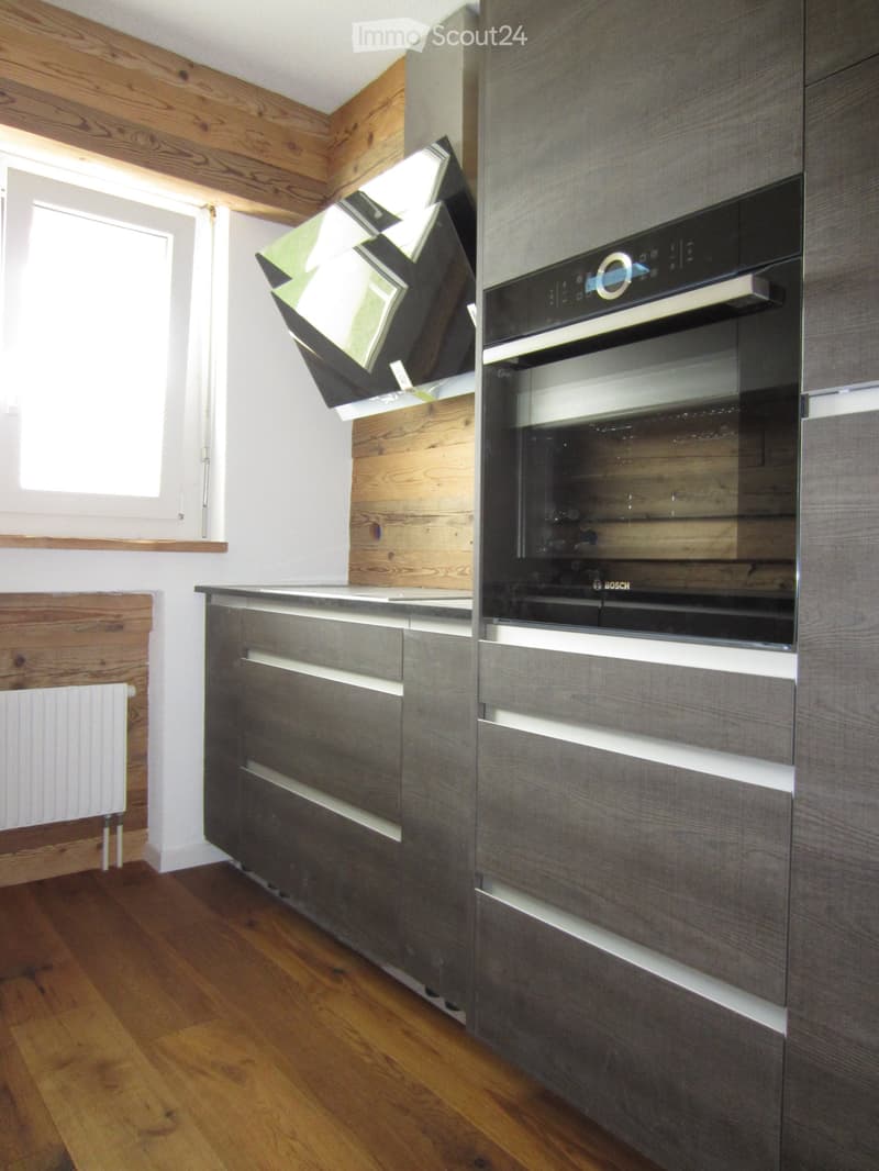 Modern kitchen with grey cabinets, wooden accents, and a built-in oven. Features a wooden floor, radiator, and a window letting in natural light.
