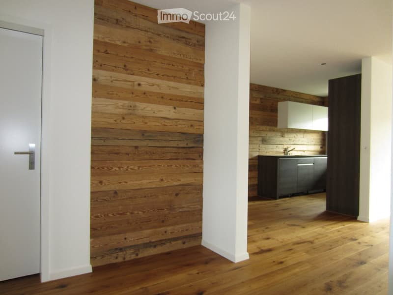 Open-plan area with wooden flooring and a wooden accent wall, featuring a small kitchen area with cabinets and a sink.