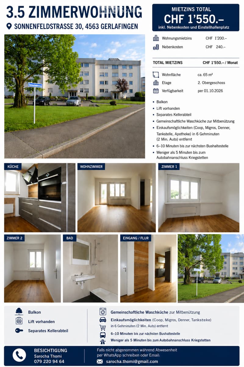 3.5-room apartment located at Sonnenfeldstrasse 30, 4563 Gerlafingen. The property features a balcony, lift, separate storage room, and shared laundry area. The apartment includes a kitchen, living room, two bedrooms, and a bathroom. The building is a two