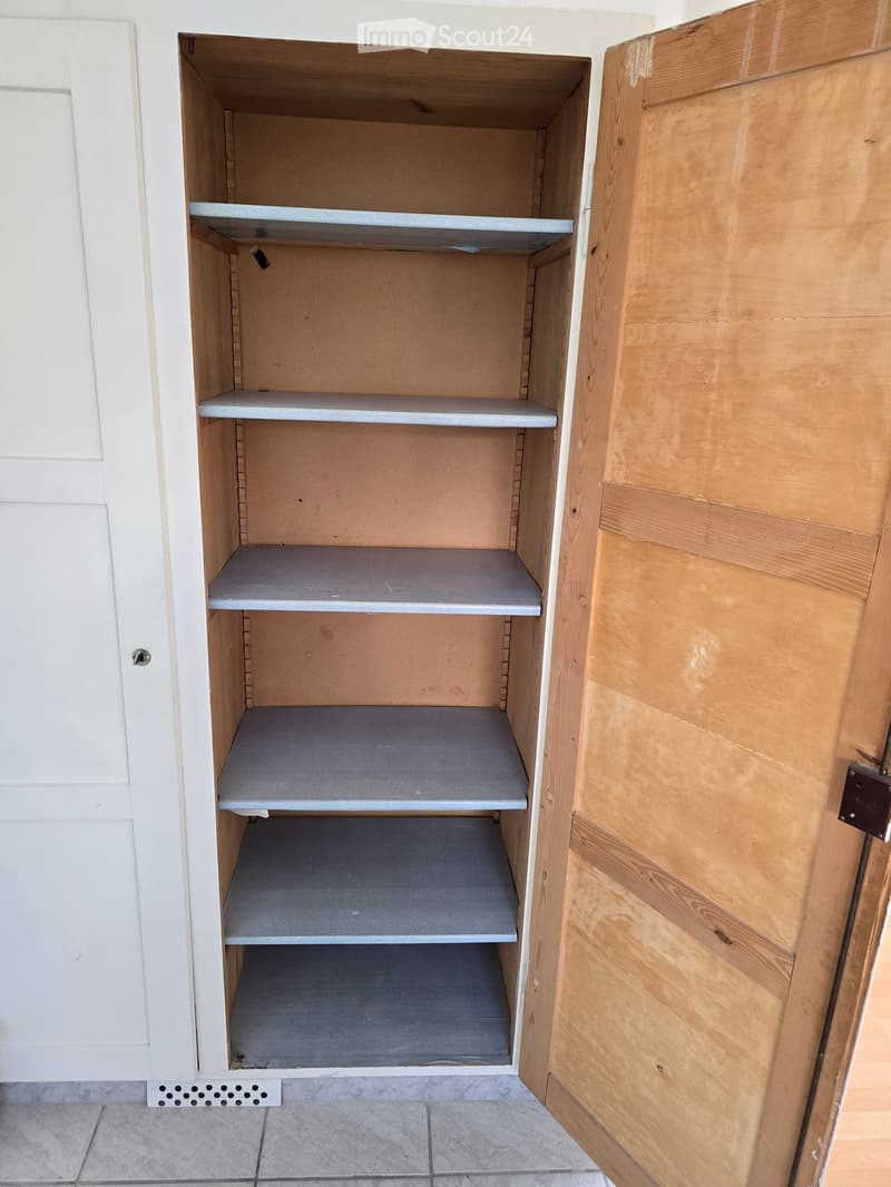 Empty wooden cabinet with multiple gray shelves, white door frame, and tiled floor.