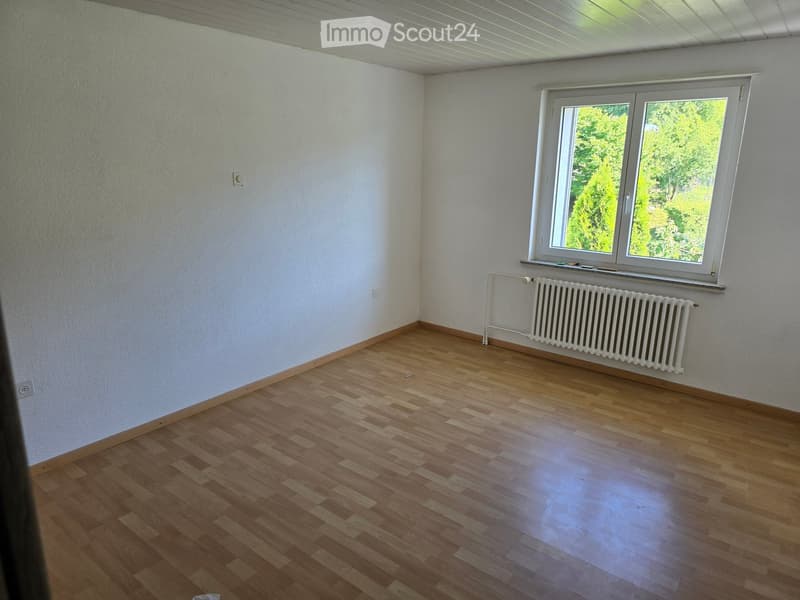 Empty room with wooden flooring, white walls, and a large window with a radiator below it.