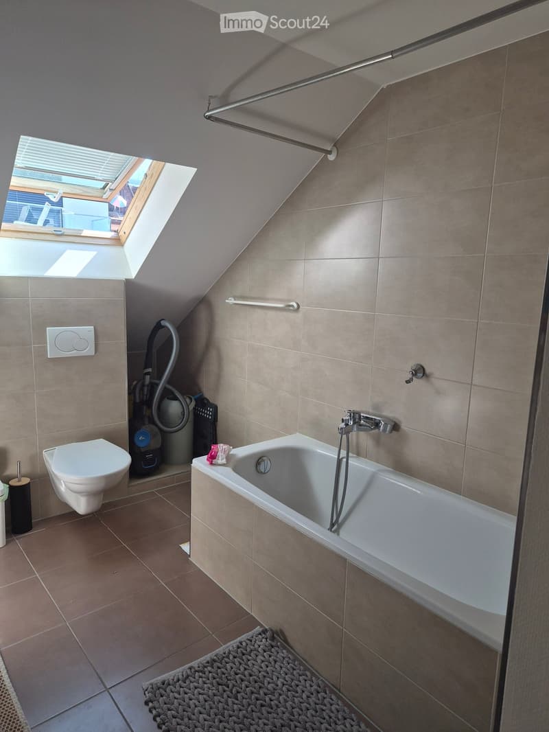 Bathroom with a bathtub, toilet, and a window with blinds. Includes a vacuum cleaner, a bath mat, and a light switch.