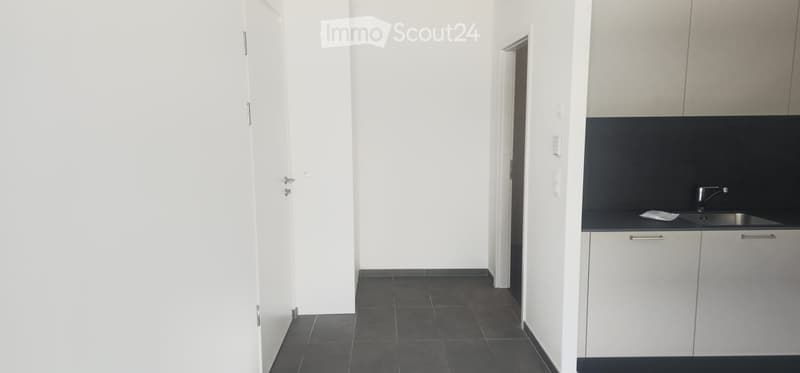 Empty room with white walls, dark tiled floor, and a small kitchen area with cabinets and a sink.