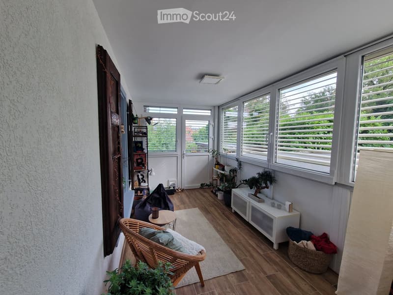 A cozy, well-lit room with wooden flooring, large windows, a wicker chair, a small table, a rug, potted plants, and a storage unit.