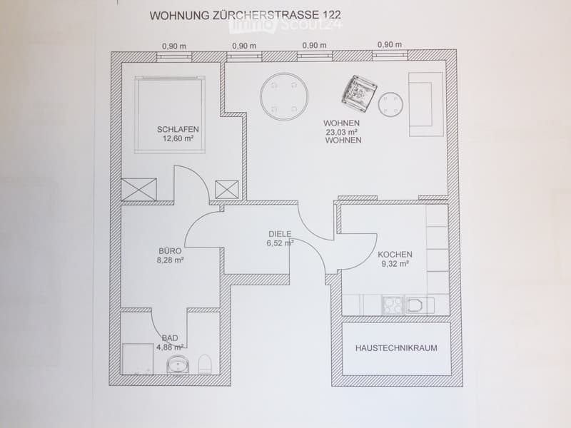 Floor plan of a 1-bedroom apartment with labeled rooms: bedroom, living area, kitchen, bathroom, hallway, and utility room.
