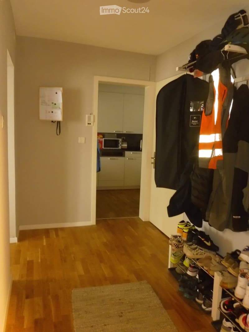 A narrow hallway with wooden flooring, light-colored walls, and a coat rack holding jackets and shoes. A small shelf with shoes is visible, and a doorway leads to a kitchen area with cabinets and a microwave.