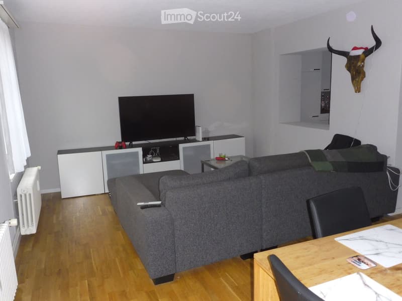 Modern living room with grey sofa, wooden floor, TV, and a small table with a cup and game controllers.