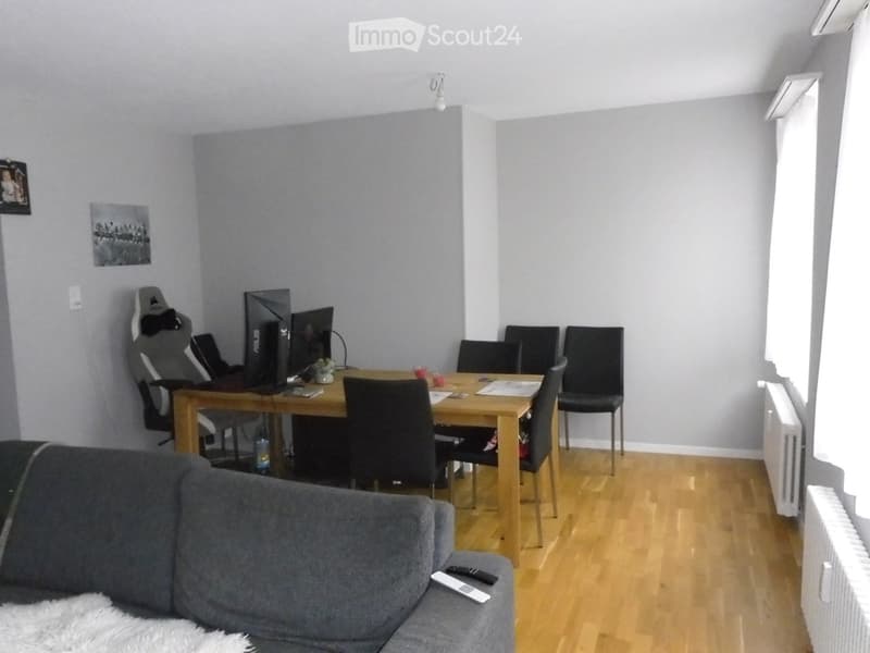 A modern living room with a grey sofa, a wooden dining table, several chairs, and a computer setup with a screen and chair.
