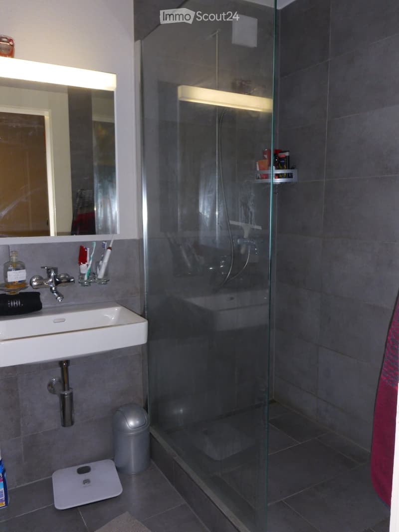 Modern bathroom with a white sink, mirror, toothbrush holder, glass-enclosed shower, and a small trash bin. The shower has a built-in shelf for toiletries.