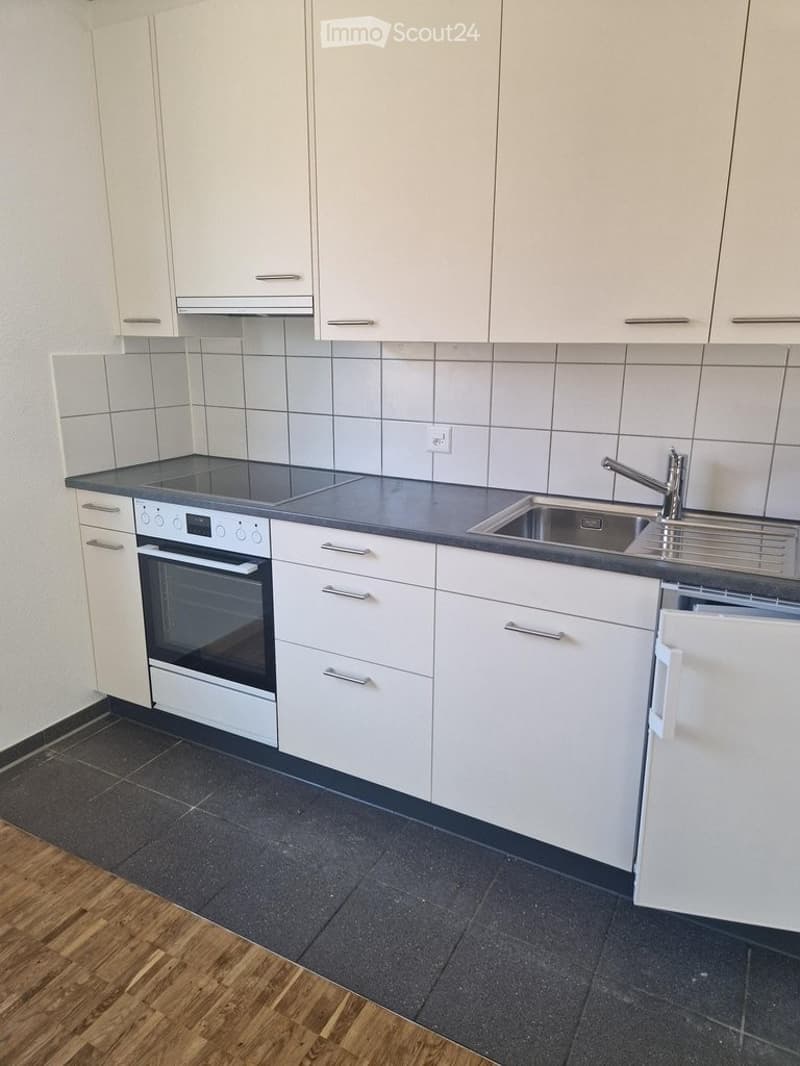 Modern kitchen with white cabinets, stainless steel sink, and built-in oven. Features a dark countertop and tiled backsplash.