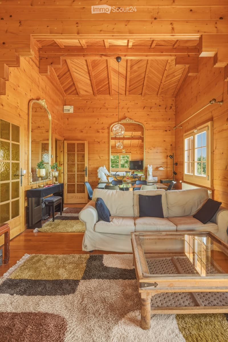 Cozy living room with wooden walls and ceiling, featuring a cream-colored sofa with dark blue pillows, a glass coffee table, a small black table with a plant, and a mirror on the wall.