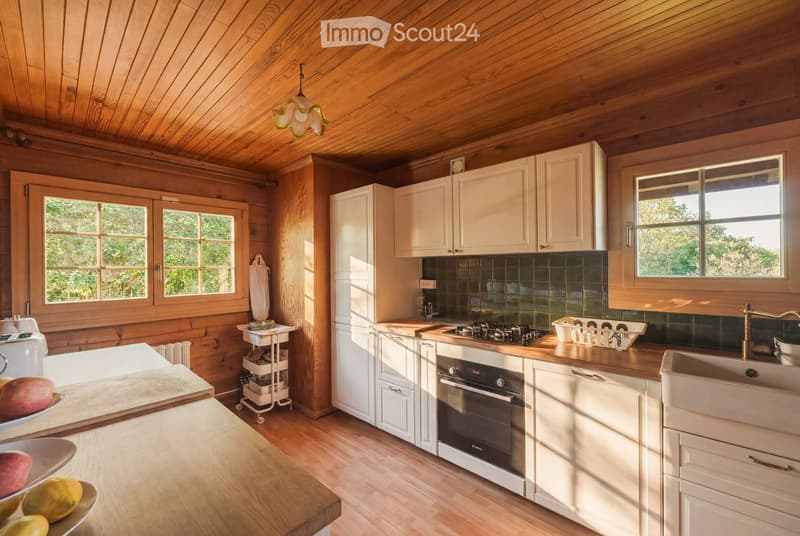 The kitchen features wooden walls and ceiling, white cabinets, a stainless steel oven, a sink with a modern faucet, and a countertop with fruits and a small cart.