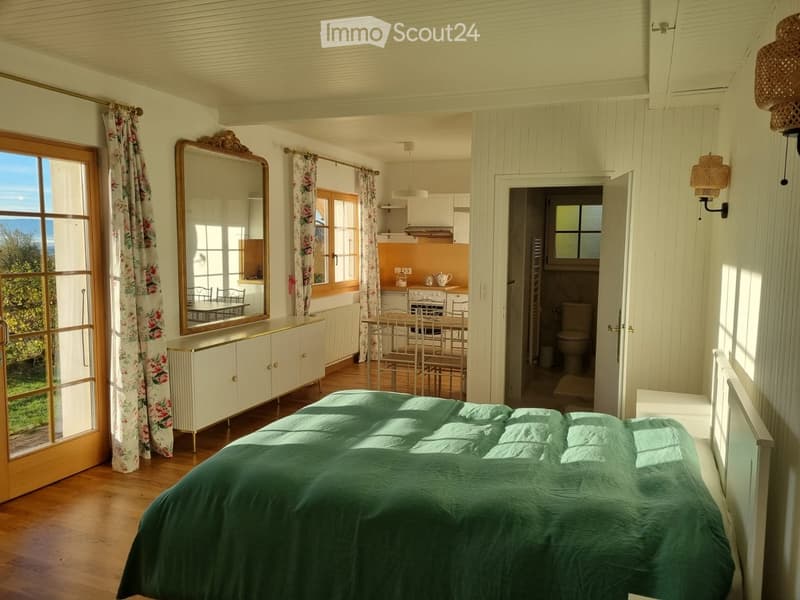 Bright bedroom with a green duvet-covered bed, a large mirror on a cabinet, and a view of a dining area and kitchen through an open doorway.