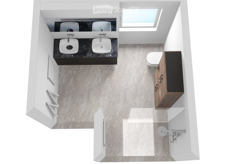 Layout of a modern bathroom with double sinks, a toilet, and a shower area. Features include a vanity cabinet, towel racks, and a skylight window.