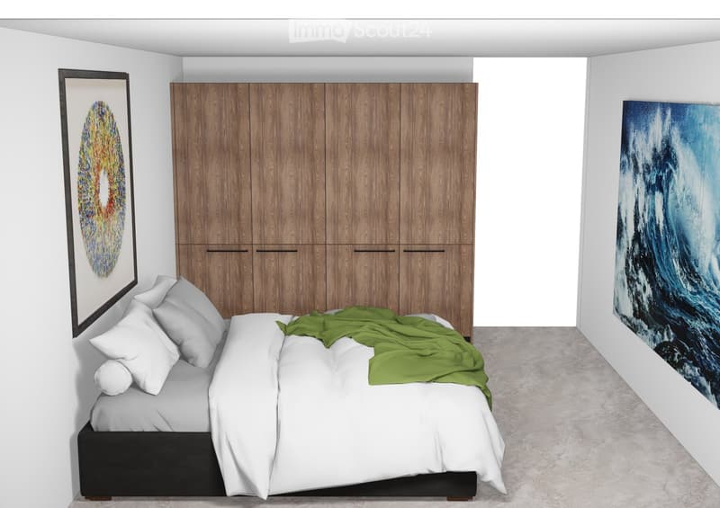 Modern bedroom with a large bed, white pillows, green blanket, wooden wardrobe, and two large paintings on the walls.