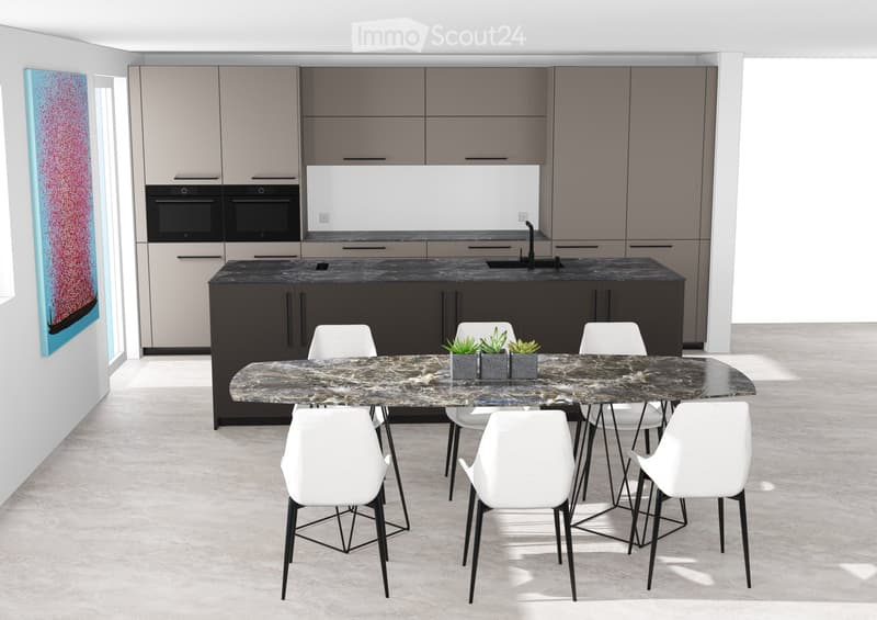 Modern kitchen with grey and white cabinetry, black countertop, built-in oven, sink, and a dining area with a marble table and white chairs.