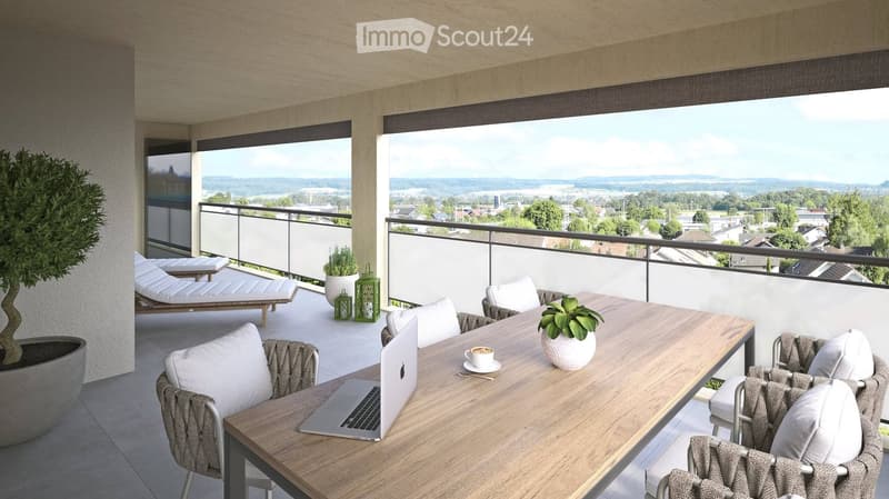 Modern balcony with panoramic city view, featuring a wooden table, laptop, coffee cup, lounge chairs, and potted plants.