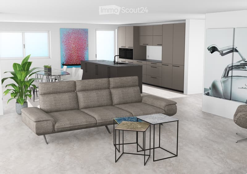 Modern open-plan living and dining area with a grey sectional sofa, coffee table, side tables, dining table with chairs, potted plant, and a kitchen area with cabinets, sink, and oven.