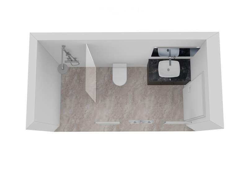 3D floor plan of a modern bathroom with a toilet, two sinks, a shower, and a mirrored cabinet.