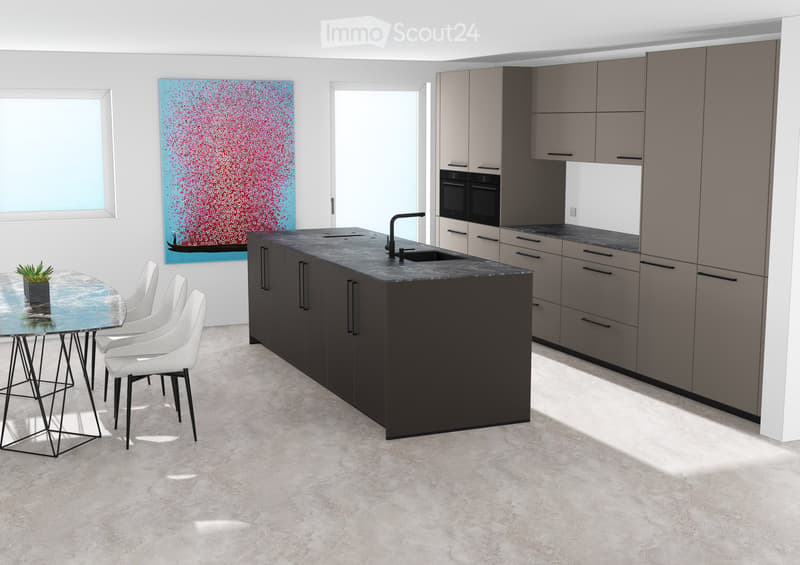 Modern kitchen with grey cabinetry, black island, glass dining table, white chairs, and a small plant on the table.