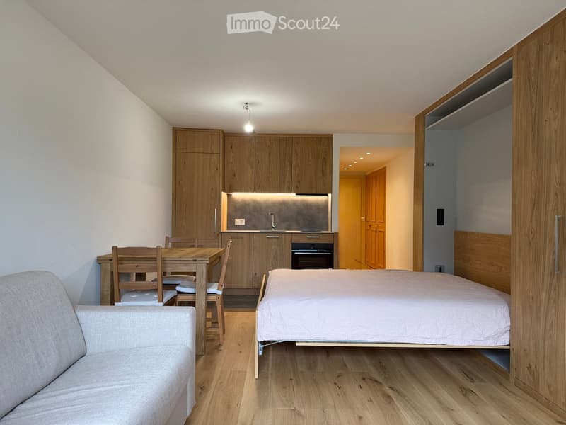 A compact, modern studio apartment with a raised bed, sofa, dining table, and integrated kitchen area featuring wooden cabinets and stainless steel appliances.