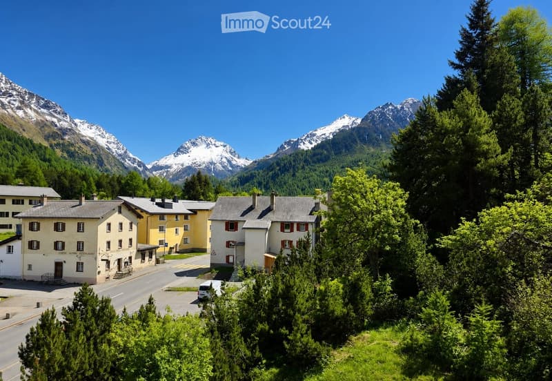A cluster of traditional European-style buildings with pitched roofs and chimneys, surrounded by lush green trees and snow-capped mountains under a clear blue sky.