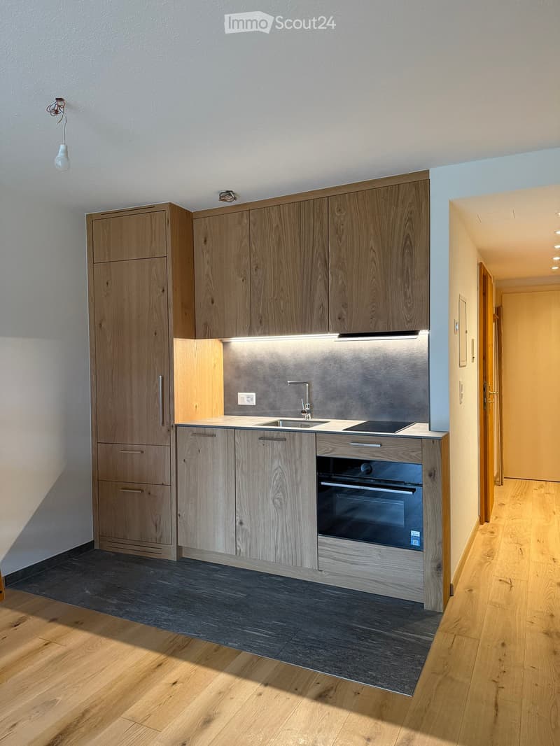 Modern kitchen with light wood cabinets, stainless steel appliances, and a sleek countertop.